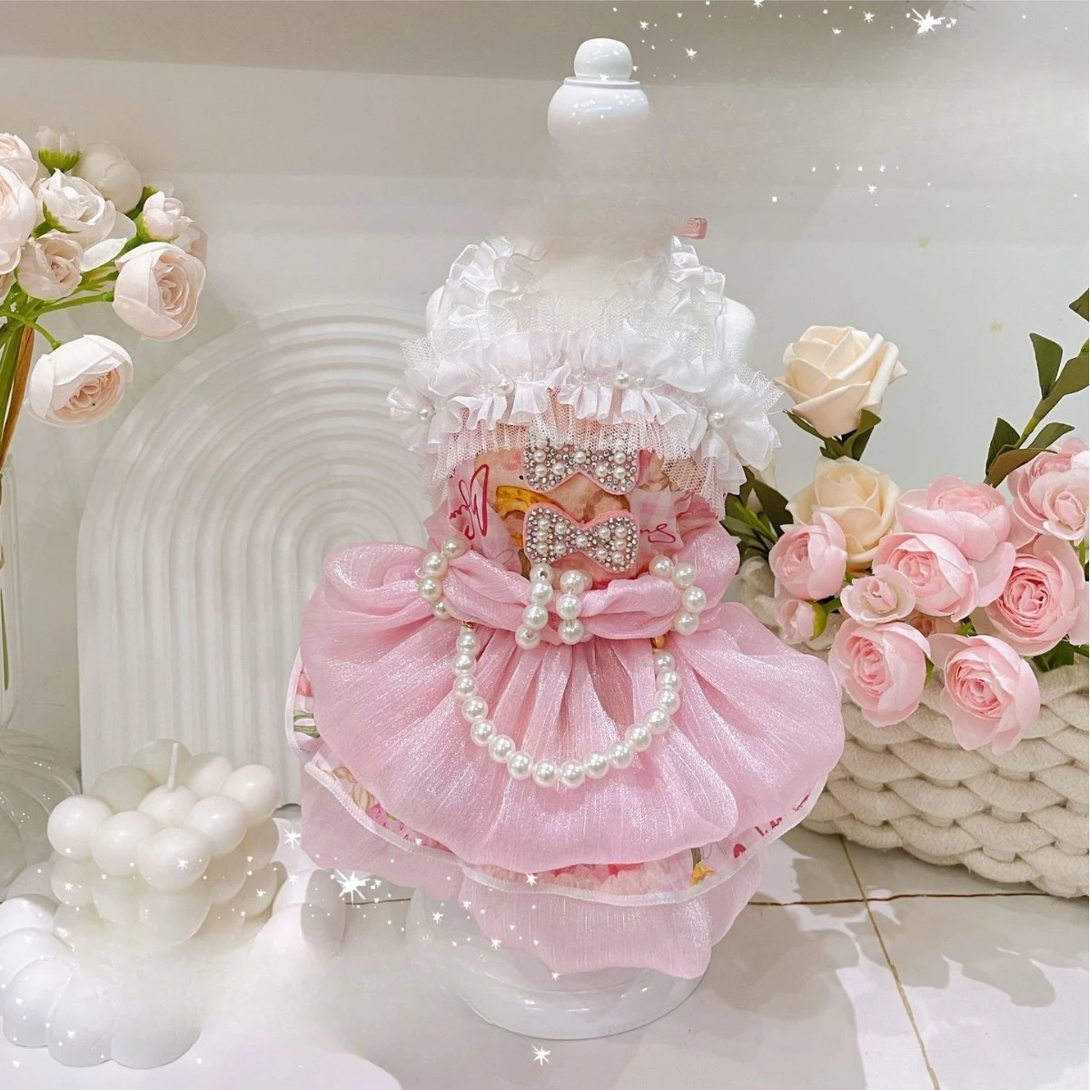 Preciosa falda de princesa para otoño/invierno para mascotas, falda abombada de perlas de encaje para perros y gatos, vestidos para perros pequeños, ropa para cachorros - imagen 3