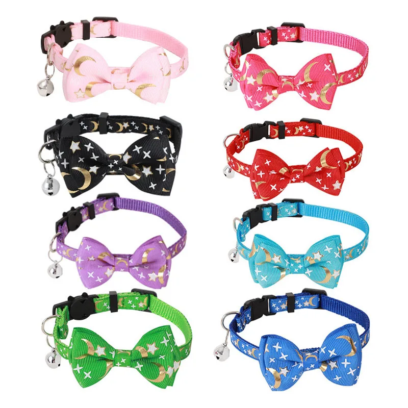 Lindo collar de gato estrella luna con colgante de campana, collar de gatito con lazo ajustable, hebilla segura, pajarita para cachorro, accesorios para mascotas - imagen 3