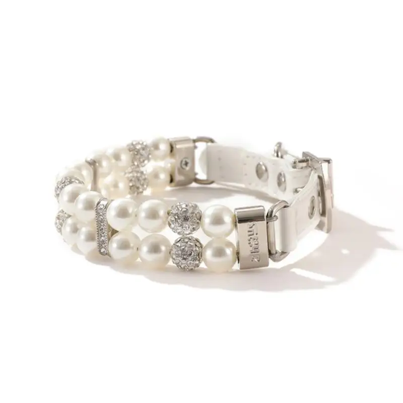 Collar de lujo para mascotas con perlas y diamantes de imitación, Collar ajustable de cuero PU con cristal para gato y perro para boda, fiesta de cumpleaños - imagen 5
