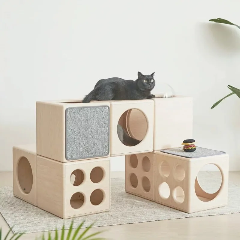 Casa de gato semicerrada de madera, combinación de bloques de construcción, productos DIY, marco de escalada para gatos, nido, túnel, laberinto, rascadores espaciales - imagen 3