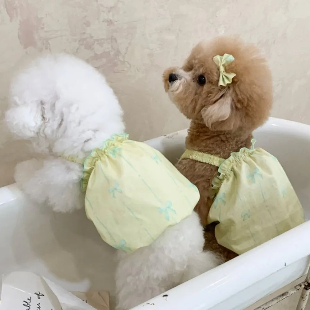 Camisola de primavera para mascotas, chaleco con estampado de lazo, camisola fina, vestido de burbuja con diadema, lazo incluido, vestido para cachorro y perro - imagen 3