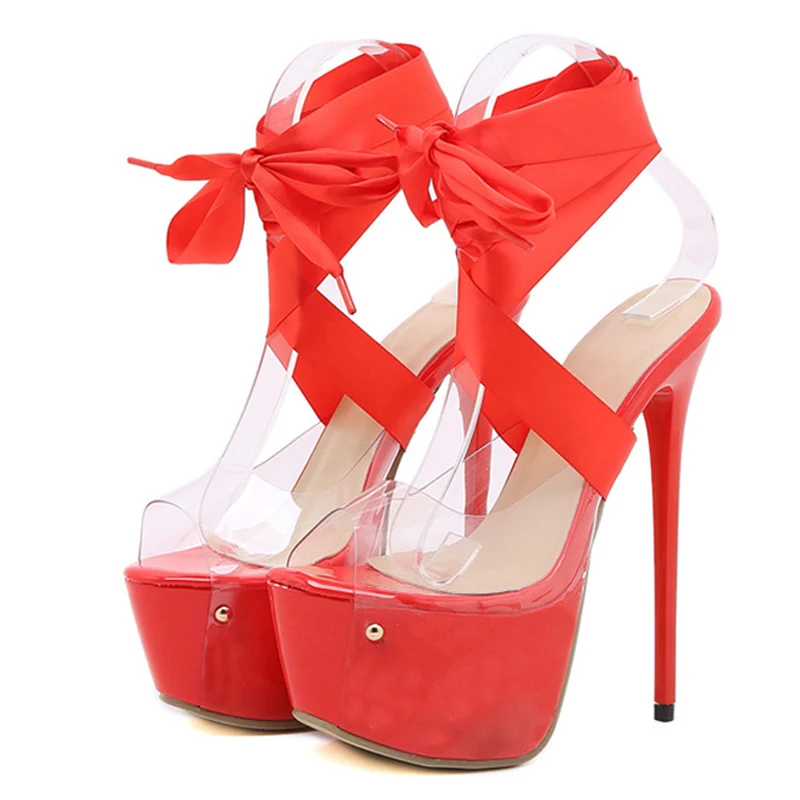 Sandalias sexis de plataforma con cordones hasta el muslo rojo para mujer, zapatos transparentes de 16,5 CM, tacones de Stripper para discoteca con punta abierta y tacón de aguja - imagen 4