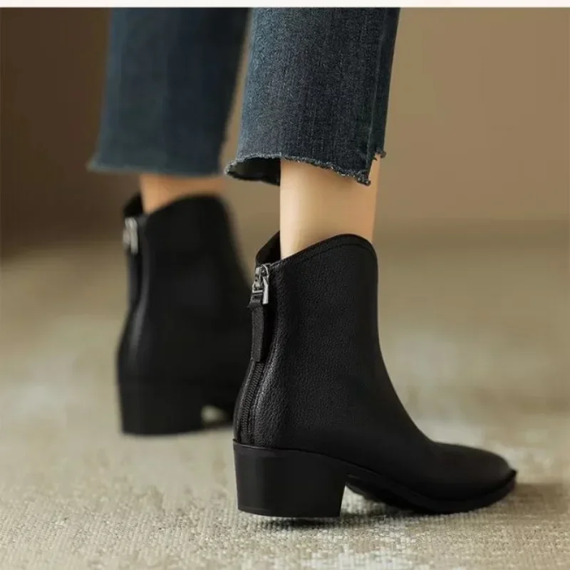 Botas de cuero partido para mujer, zapatos de tacón grueso con punta puntiaguda, botas cortas con cremallera Retro, botines de color albaricoque, novedad de otoño - imagen 3