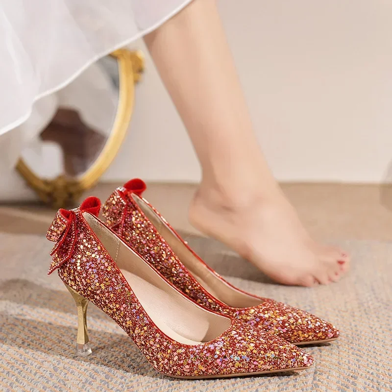 Zapatos de tacón de lujo con lentejuelas doradas y plateadas para mujer, zapatos de tacón alto sin cordones para fiesta y boda, zapatos de tacón fino con punta estrecha 2024 - imagen 3