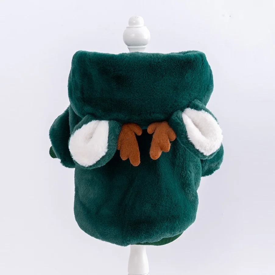Abrigo de lana de Reno de Navidad para mascotas, chaqueta cálida de piel sintética de felpa para invierno, abrigo de invierno con capucha verde para mascotas, traje para perros, ropa de invierno