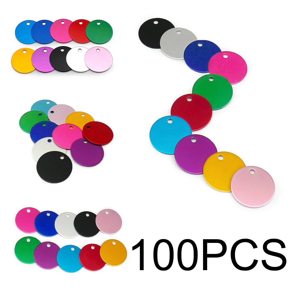 Venta al por mayor, 100 Uds., etiquetas redondas de Metal personalizables con grabado láser, accesorios de moda para mascotas, etiquetas de identificación para perros, antipérdida para exteriores