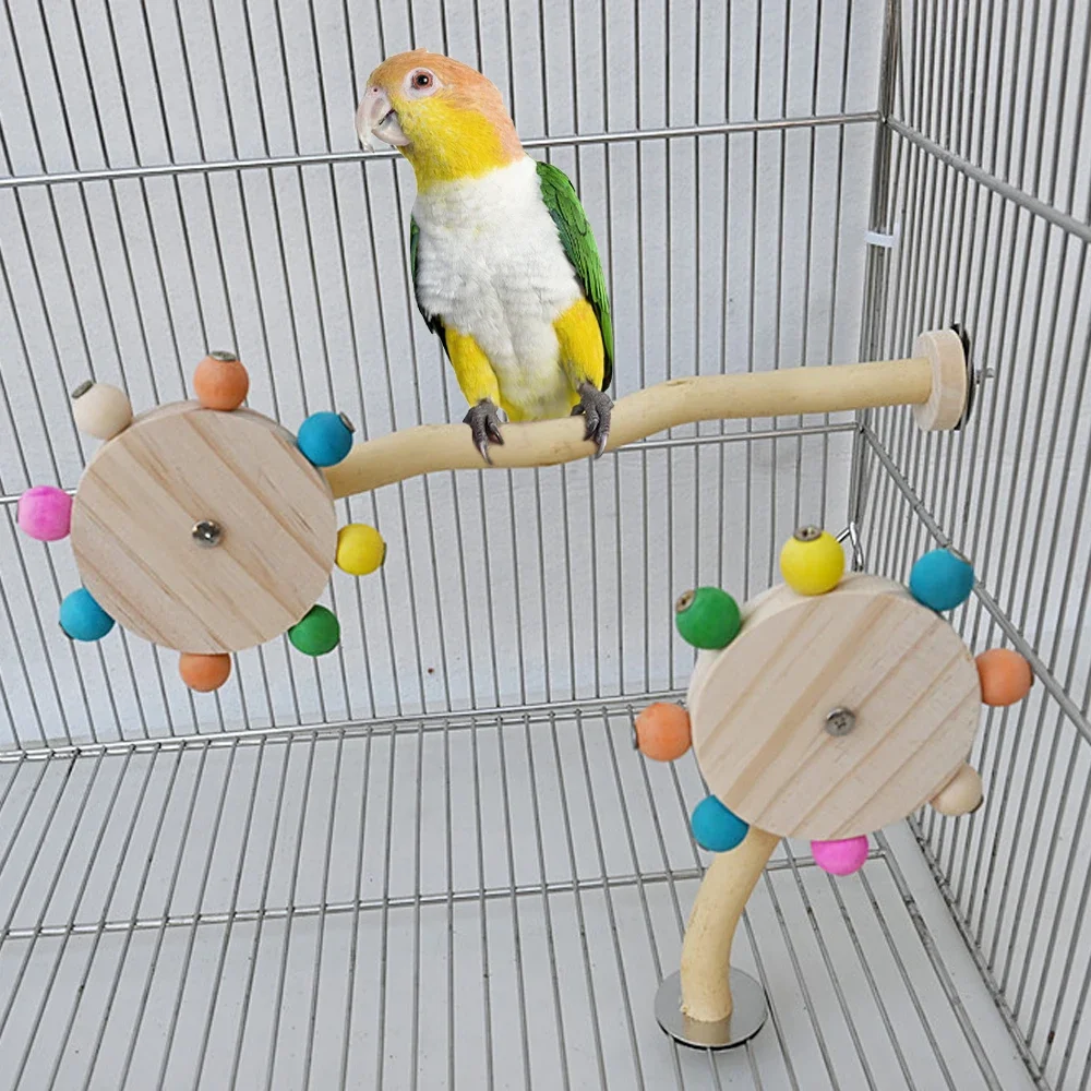 Divertido juguete de percha con bolas giratorias, soporte interactivo de madera para pájaros, loro colorido, juguete de molino de viento giratorio para forrajeo