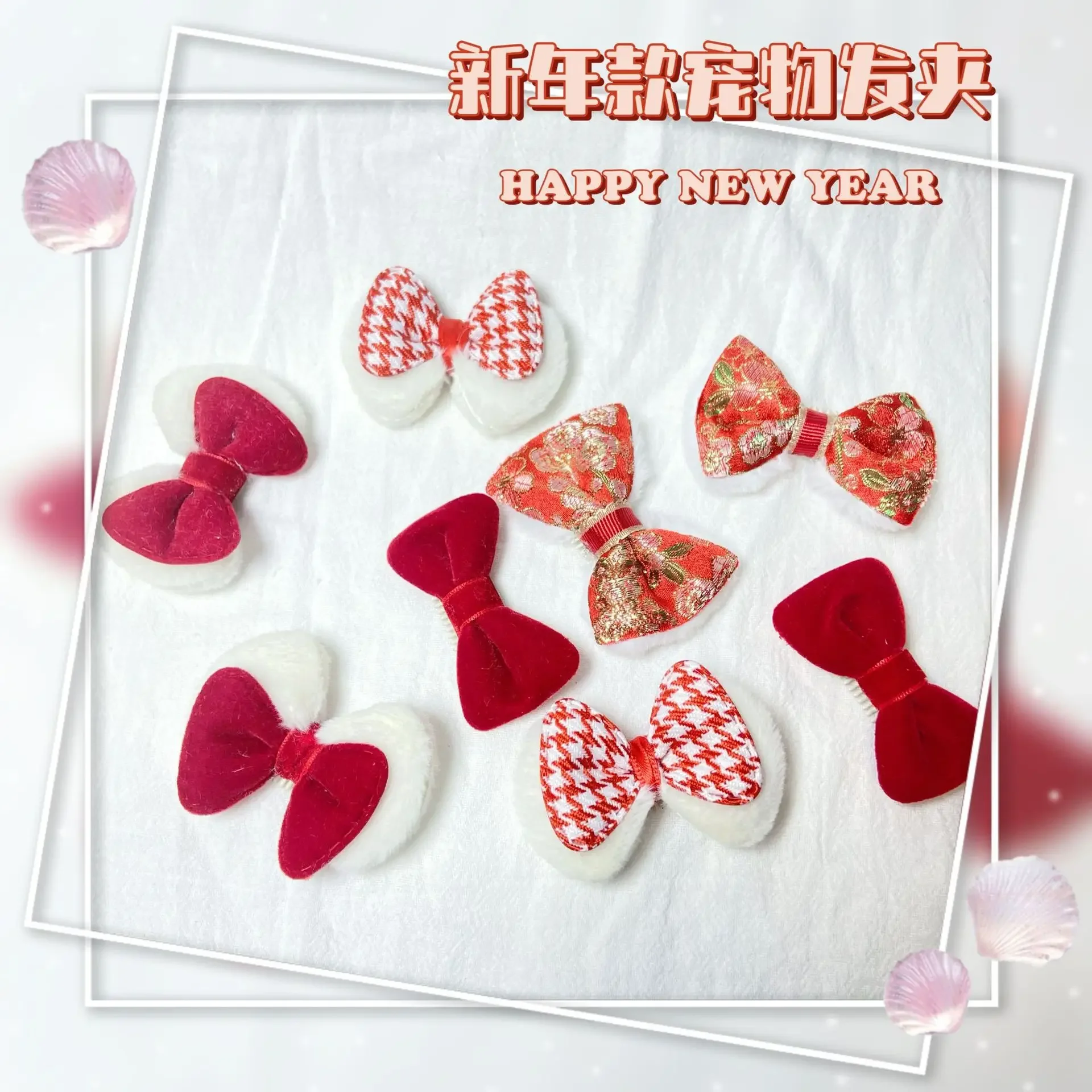 Gorros navideños para mascotas, Clip BB para mascotas, Clip de pelo a cuadros de conejo de terciopelo con diamantes dorados, accesorios para perros y gatos para Festival de Primavera