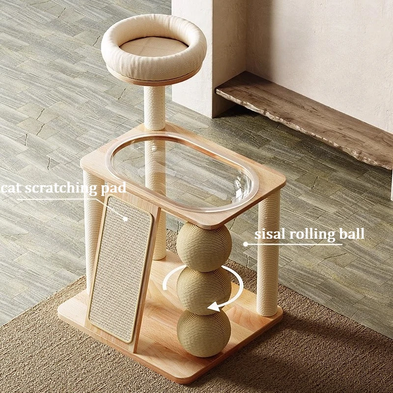 Árbol para gatos de madera maciza, torre para gatos de interior, cama transparente, juguete de Sisal, rascador, garra, mascotas, Catnap, hamaca, poste de árbol para gatos - imagen 4