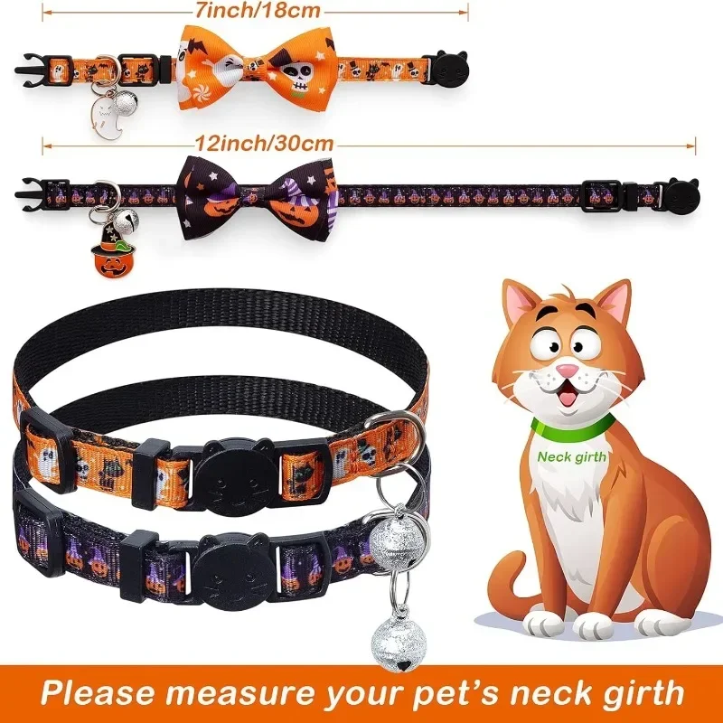 Collar de gato de Halloween con pajarita y campana, calabaza, fantasma, murciélago, Graohic, Collar de gatito ajustable para gatito/gato/perro, suministros para mascotas - imagen 2