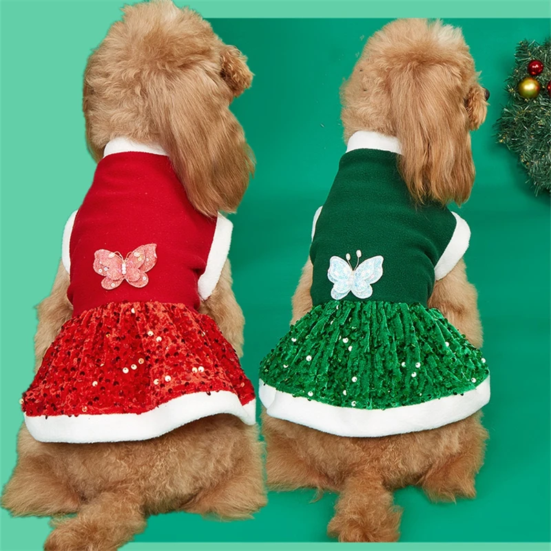 Feliz Navidad mascota perro vestido de invierno mariposa lentejuelas princesa niña gato monos a prueba de viento ropa de Festival para Bulldog Francés