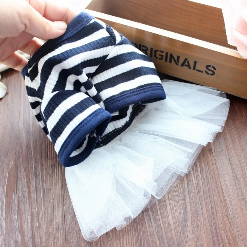 Vestido de verano para perros, ropa a rayas para perros, disfraz de princesa para perros a rayas de lujo, chaleco de encaje para cachorros, vestidos, falda para perros Chihuahua Bichon - imagen 5