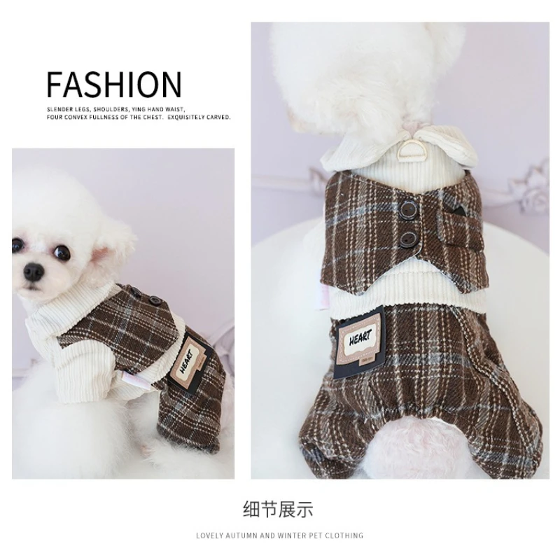 Ropa para perros, ropa de otoño e invierno, ropa gruesa británica de cuatro patas, ropa acolchada de algodón a cuadros, suministros para mascotas para perros pequeños - imagen 4