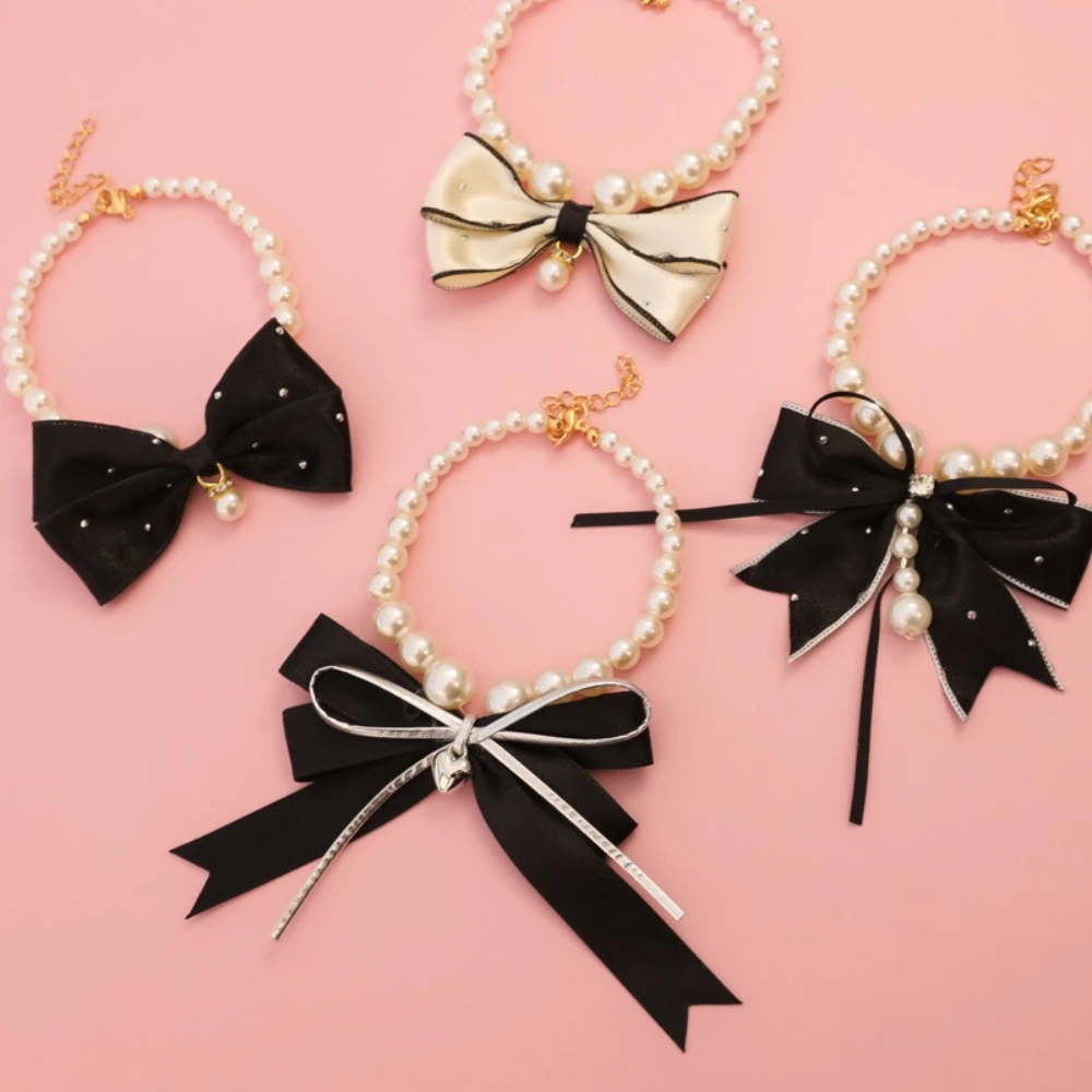 Collar de perlas vintage para gatos y perros con lazo – Estilo dama - imagen 4
