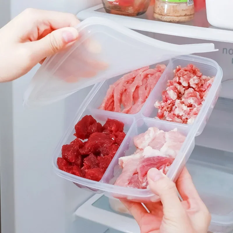 Caja de almacenamiento de gran capacidad para refrigerador, compartimento transparente de cuatro rejillas para carne congelada, alimentos subembalados, 1 unidad