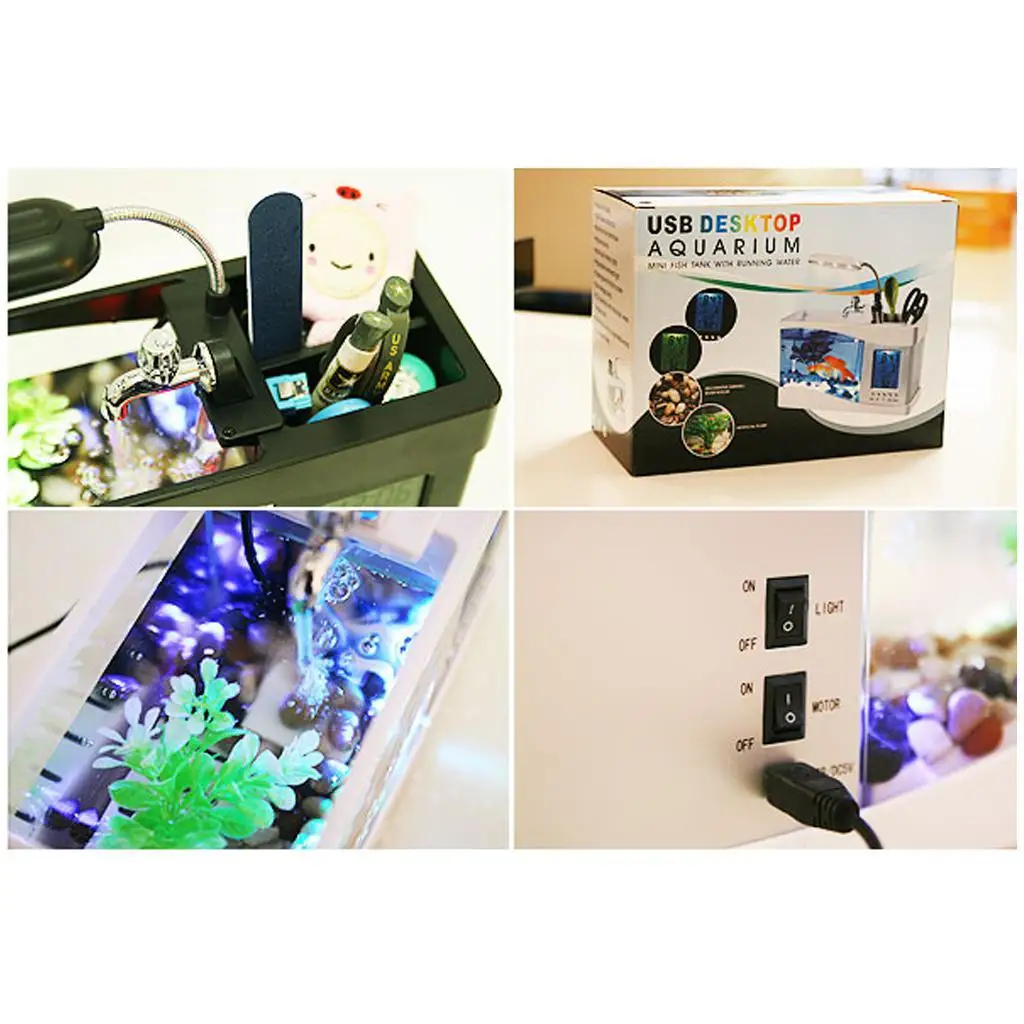Mini USB Desktop Aquarium LCD Display Fish Tank Clock LED Lamp Light Black/ White