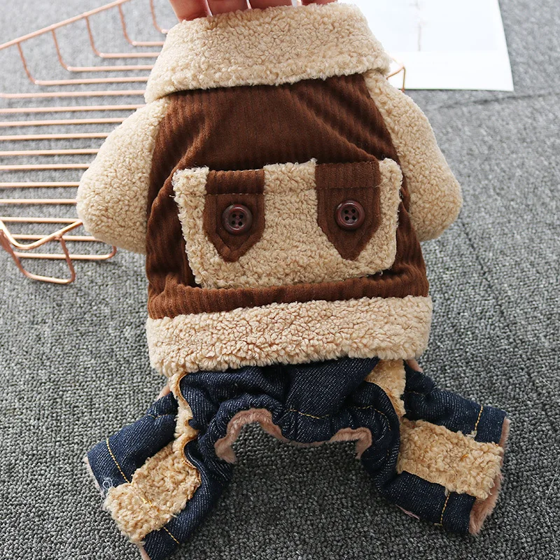 Ropa de cuatro patas con solapa de piel de cordero para mascotas, mono de perro, oso de peluche, traje de otoño, chaqueta gruesa a rayas, Parkas para perros - imagen 4