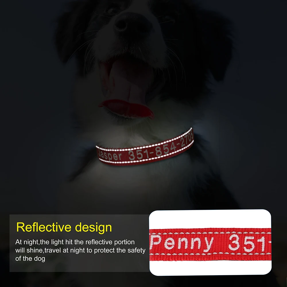 Collar de nailon bordado para perro, collares personalizados para cachorros y gatos, collares reflectantes para identificación de mascotas, identificación de nombre de teléfono DIY para perros pequeños y grandes - imagen 3