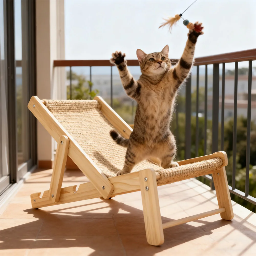 Sillón plegable para gatos con zona para rascar de Sisal, sillón reclinable de madera para mascotas para gatos, para relajación interior y tomar el sol al aire libre - imagen 5
