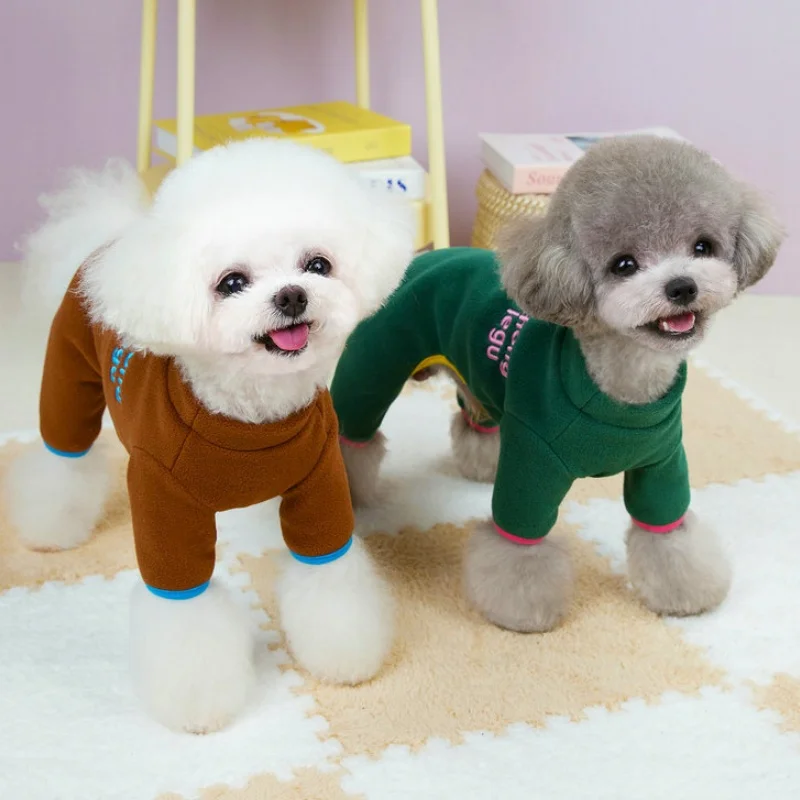 Ropa de cuatro patas para perros, monos con Bordado de letras para perros, pijamas de felpa para cachorros, monos bonitos y sólidos para gatos, monos para mascotas - imagen 4