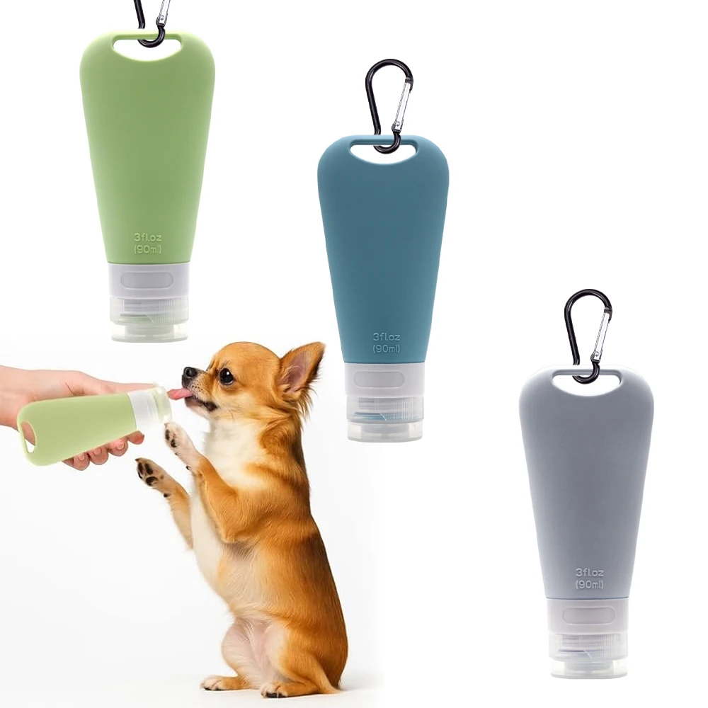 Alimentador de botellas de agua de silicona de 90 ML, tubo rellenable de alimentos con mosquetón, botellas de viaje portátiles para perros y mascotas, viajes de adiestramiento al aire libre