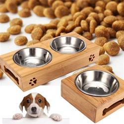 Comedero doble de acero y bambú para perros y gatos pequeños