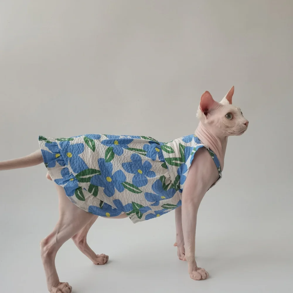 Falda floral de algodón naranja para gato Sphynx Vestido dulce azul de verano para gato sin pelo Camisola suave y transpirable para gatitos