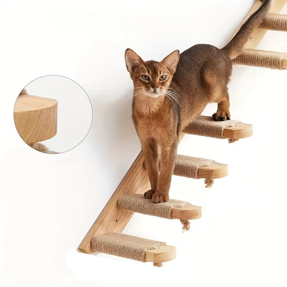 Estantes de pared para gatos de madera maciza de 4 niveles con yute para rascar, muebles de pared para escalar gatos, diseño Vertical que ahorra espacio para gatos de interior