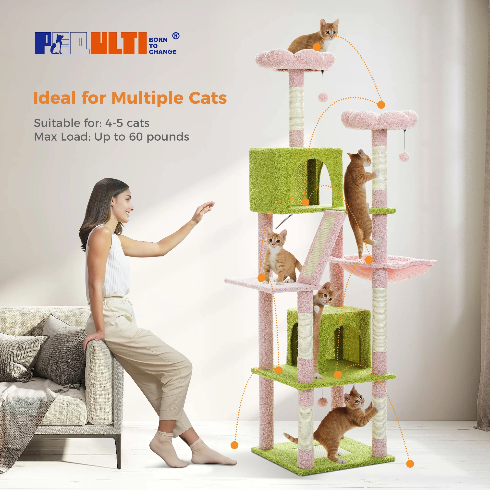 Árbol para gatos de varios niveles de lujo, 180cm, condón de felpa, 6 postes para rascar, 2 tablas, perchas, cuádruplas, pompones de hamaca para felinos activos - imagen 4