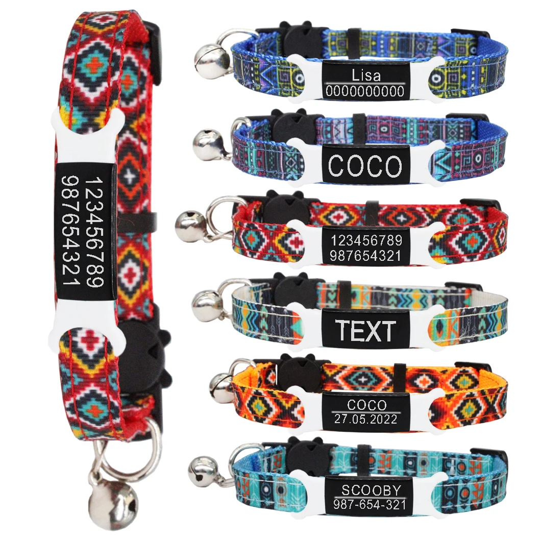 Collar de gato con etiqueta de identificación personalizada con campana, Collar personalizado de seguridad, grabado de nailon ajustable, Collar de gatito pequeño - imagen 2
