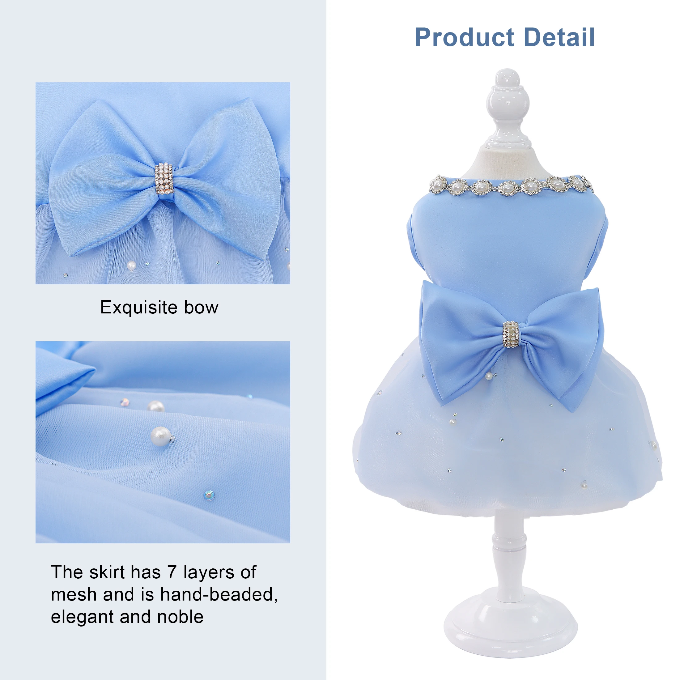 Elegante vestido azul para perro con perlas y diamantes de imitación, vestido de novia con nudo de lazo para niña y cachorro, traje para gato de San Valentín, vestido de fiesta elegante para mascotas - imagen 3