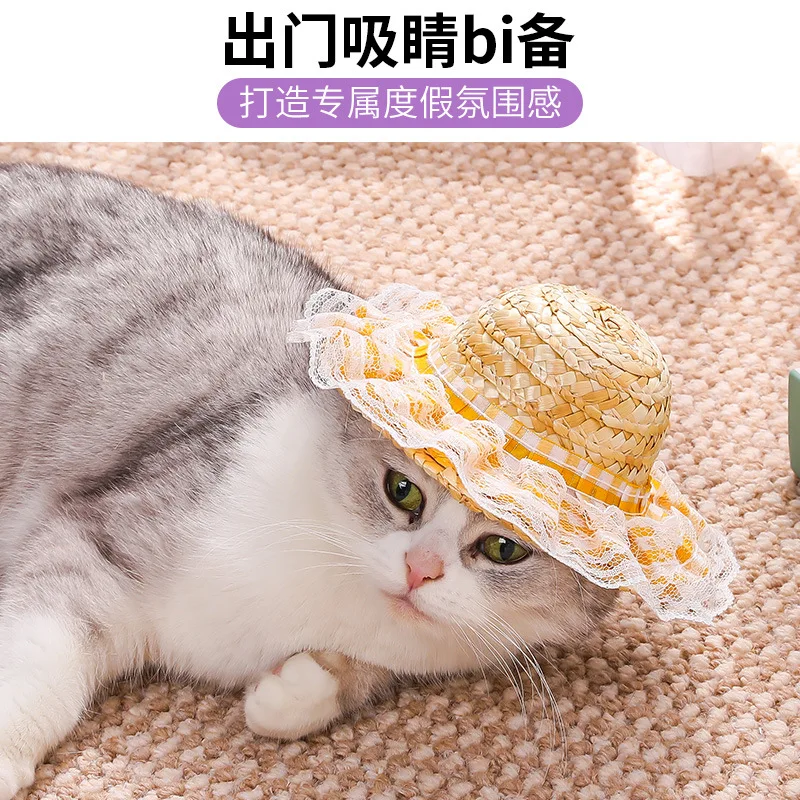 Sombrero de paja coreano Popular, sombrero de granjero de estilo extranjero, sombreros para el sol, gato mascota, divertido, Retro, bonito lazo, productos para mascotas de moda - imagen 4
