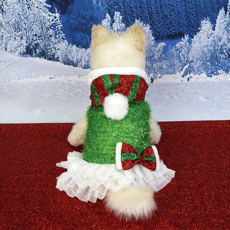 Traje de vacaciones para perros pequeños y medianos, vestido navideño para perros, diseño de rayas brillantes con lazo y pompón, ropa festiva con pompones para
