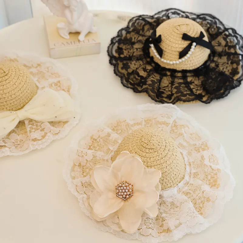Sombrero de paja con perlas de encaje para mascotas, sombrero tejido para gatos, decoración, sombrilla, sombrero con lazo, accesorios para perros pequeños - imagen 2