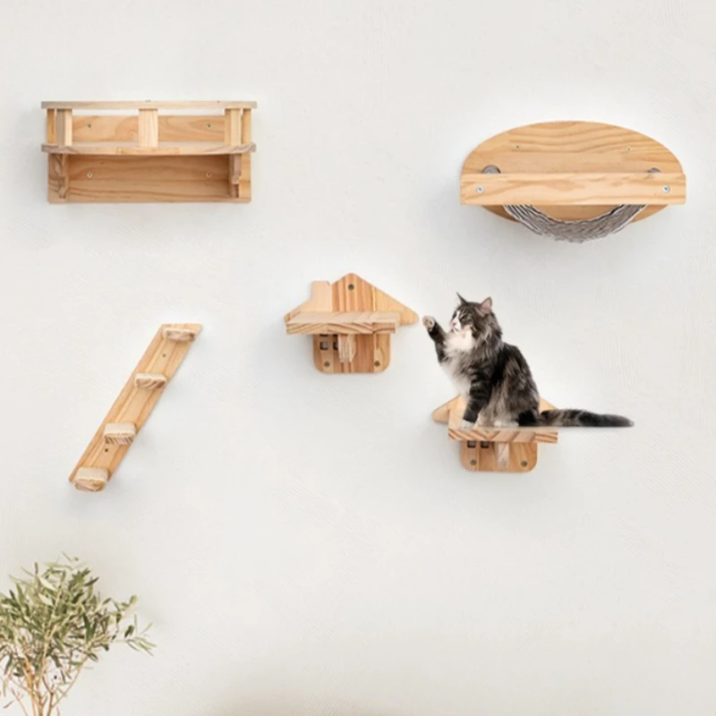 Nido de madera para gatos montado en la pared - Plataforma de salto