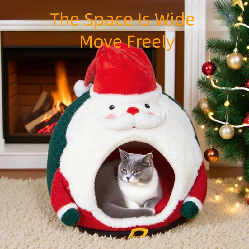 Cama navideña para mascotas, casa de Papá Noel, nido calmante de felpa cálido para perros y gatos, almohadilla para perrera de invierno para gatos de interior, perros pequeños, refugio acogedor - imagen 2