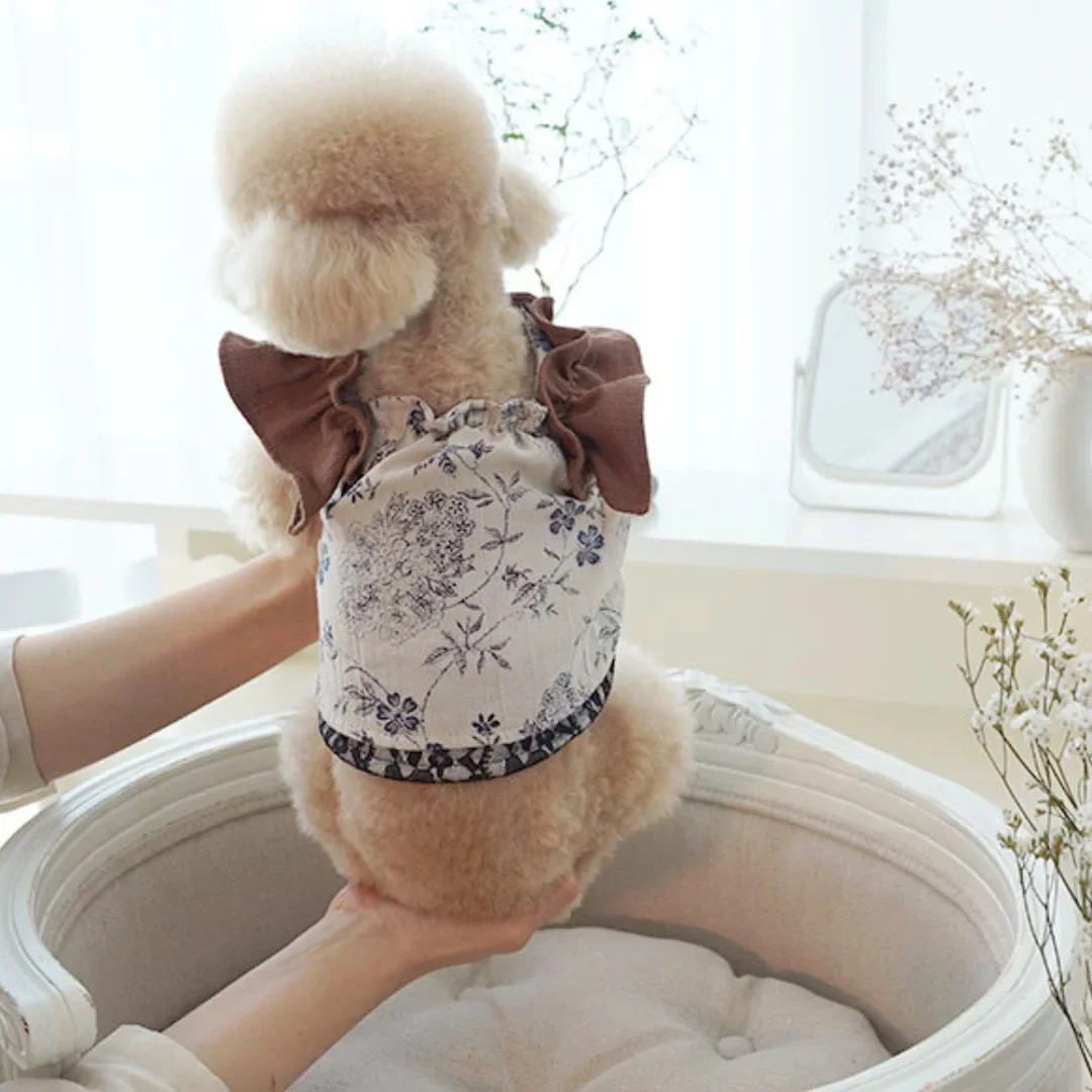 Vestido de lino y algodón con estampado de flores para mascotas, Falda plisada con tirantes, ropa para perros pequeños - imagen 5