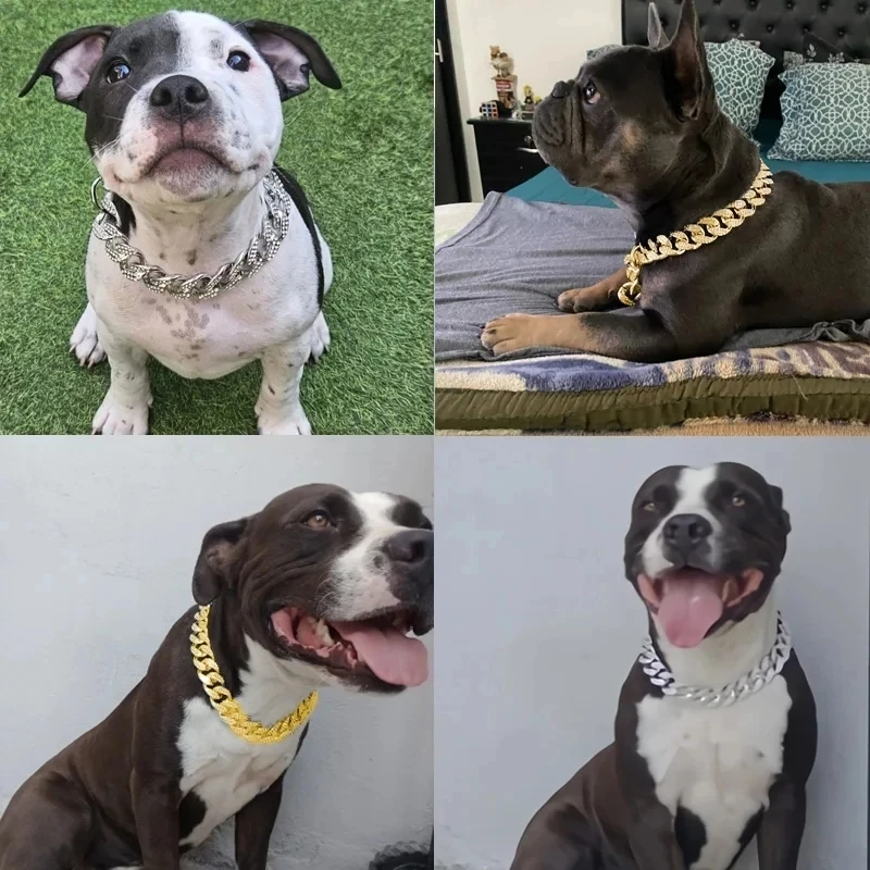 Collar de cadena de plástico con tachuelas de diamantes para perros medianos y grandes, Collar dorado de lujo, accesorios de joyería para mascotas, cadena cubana - imagen 2