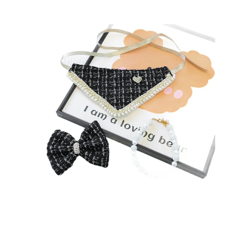 Vestido de lana para otoño e invierno para mascotas, decoración con lazo, bufanda Triangular, conjunto de collar de perlas, vestidos para perros pequeños, ropa para cachorros - imagen 5