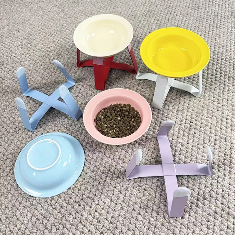 BOOTEELY-cuenco de cerámica para mascotas, marco de hierro, protección del cuello, cuenco de agua enlatado Ufo, boca alta y poco profunda, alimentación Universal para mascotas - imagen 5