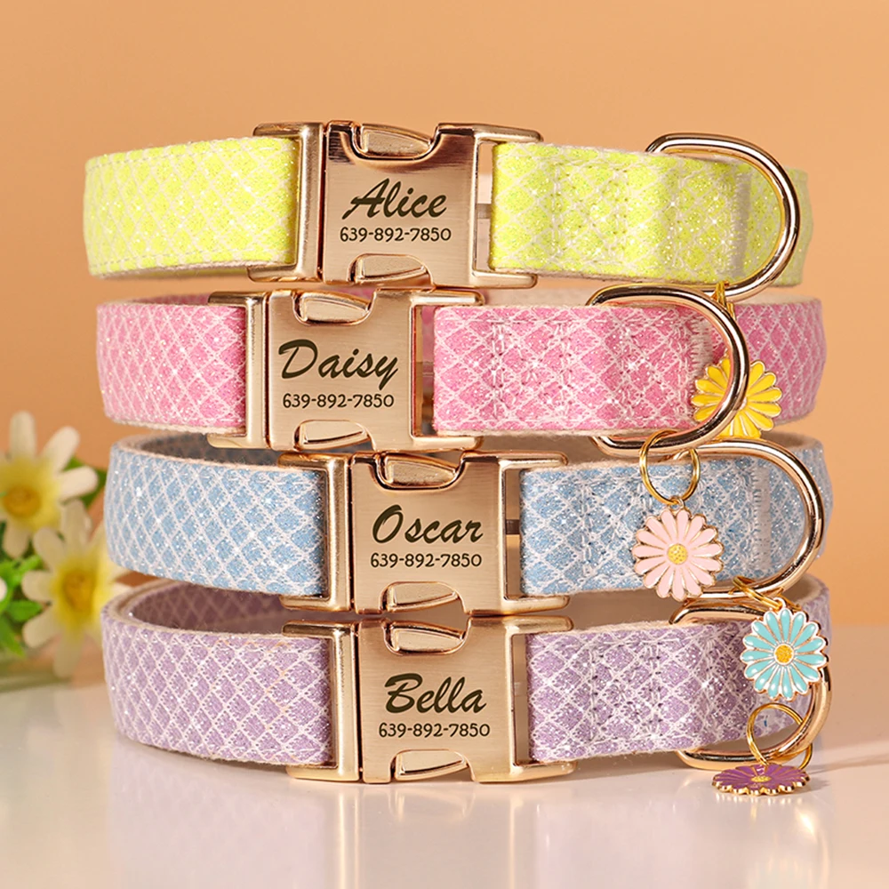 Collar de perro personalizado, Collar con hebilla para perro a cuadros ostentoso, accesorio colgante de flor bonito antipérdida para perros pequeños y medianos, gatos, color rosa