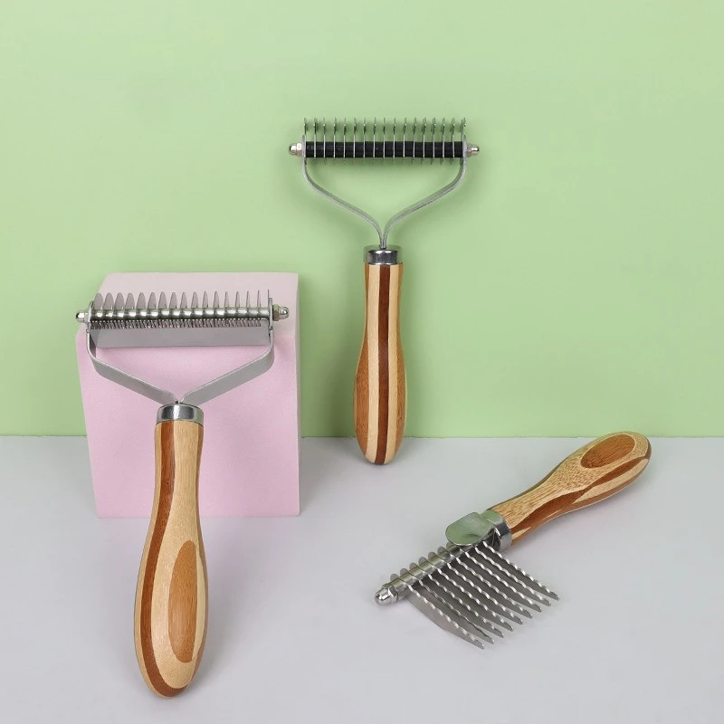 Peine para perros, cuchillo, cepillo para perros, peine de bambú de doble cara para gatos, utensilio para eliminar el pelo de mascotas de acero inoxidable, cepillo para limpiar nudos de pelo de madera maciza para perros - imagen 3