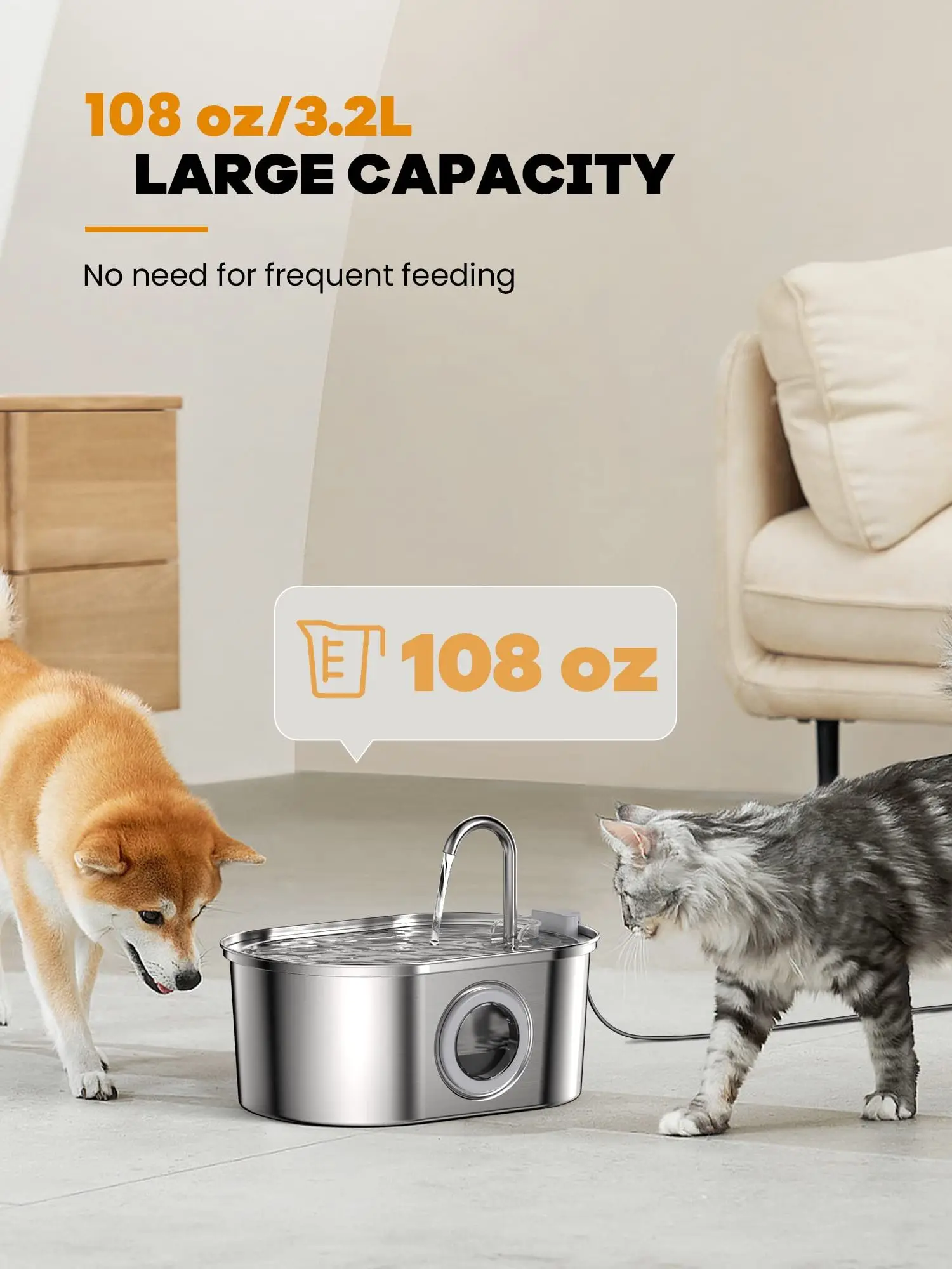 Fuente de agua para gatos NautyPaws, dispensador automático de agua para perros, de acero inoxidable, con ventana de nivel de agua, 3,2 L - imagen 4