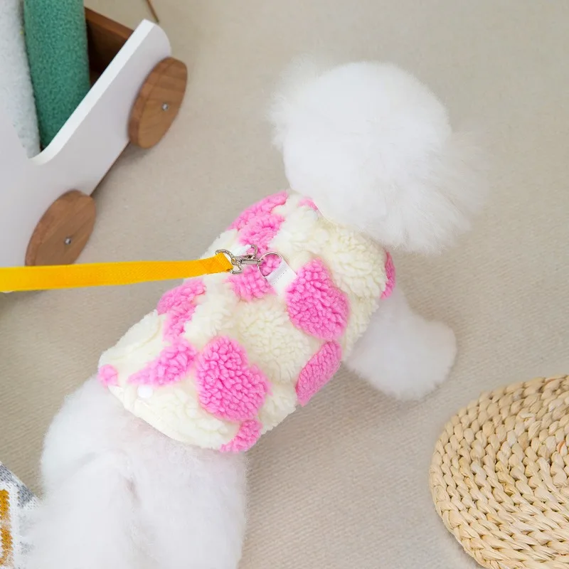 Ropa gruesa sin mangas para perros, chaqueta de invierno, ropa cálida de lana rosa y roja con corazón para mascotas, chaleco para perros pequeños, chaqueta, trajes, abrigo para cachorros - imagen 3