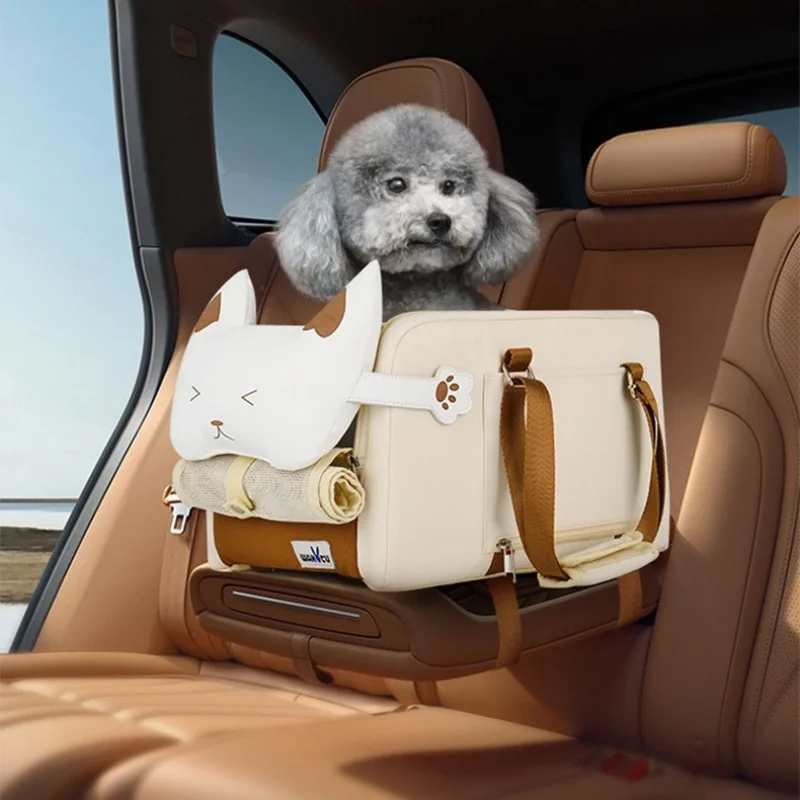 Asiento de coche para perros pequeños y gatos, asiento de consola central, elevador de mascotas para coche, bolsa de transporte multifuncional para mascotas, bolso de hombro Tote beige - imagen 2