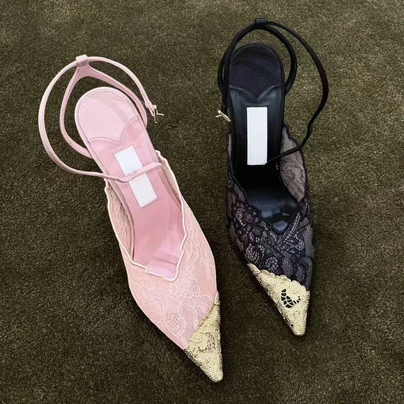 Sandalias slingback de tacón bajo con encaje y malla para mujer - imagen 5