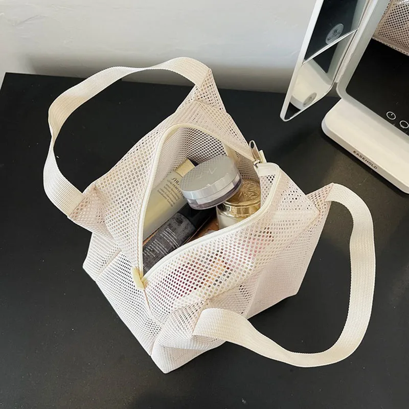 Nuevo Bolsa de malla de gran capacidad con asa, bolsa de maquillaje para artículos de tocador de viaje, bolsa de playa portátil, bolsa con cremallera para cosméticos - imagen 2