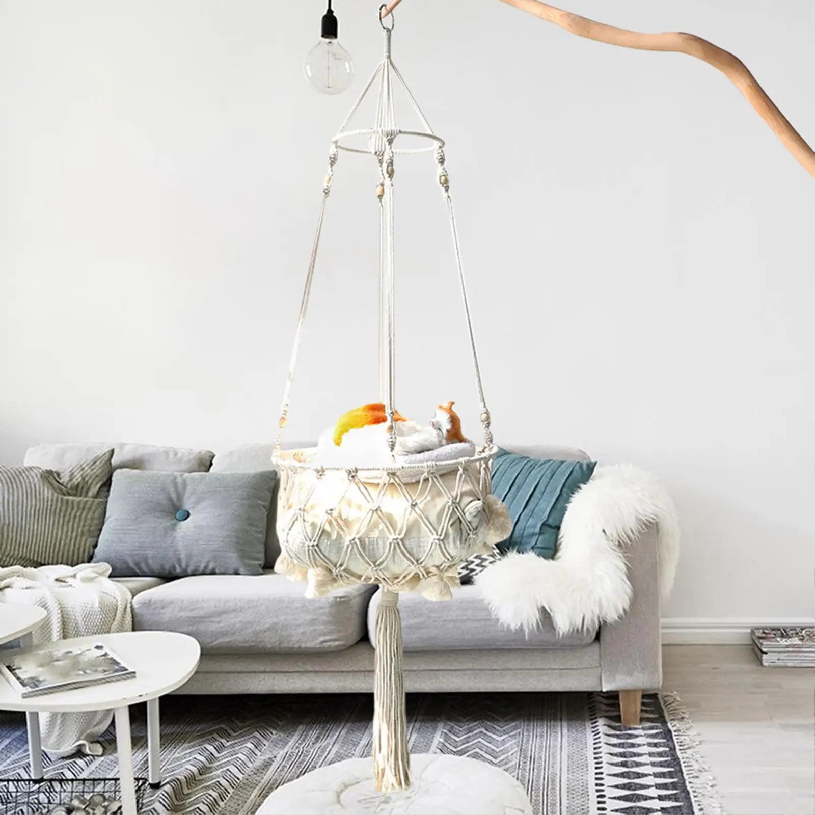 Hamaca de macramé para cama de gato, jaula de algodón decorativa, cuerda colgante para mascotas para pared - imagen 4