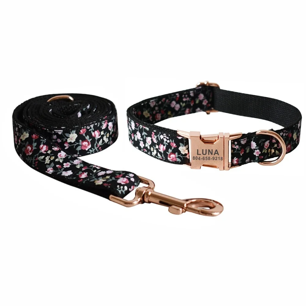Collar personalizado con flor negra para mascotas, etiqueta de identificación para cachorros y gatos, nombre personalizado ajustable, hebilla de oro rosa, correa básica naranja para perros