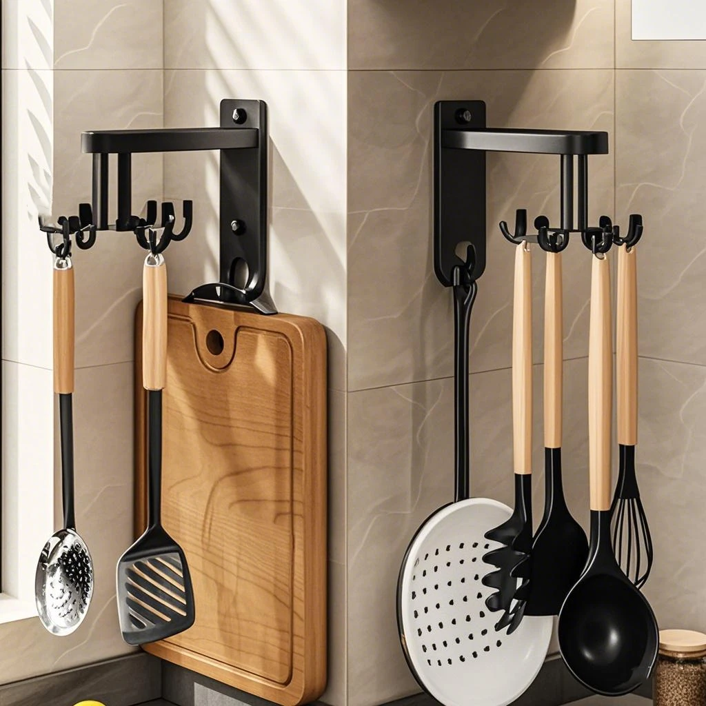 Ganchos de cocina 360 ° Estante de almacenamiento giratorio montado en la pared, organizador multifuncional de gran capacidad para vajilla, soporte para cucharas - imagen 3